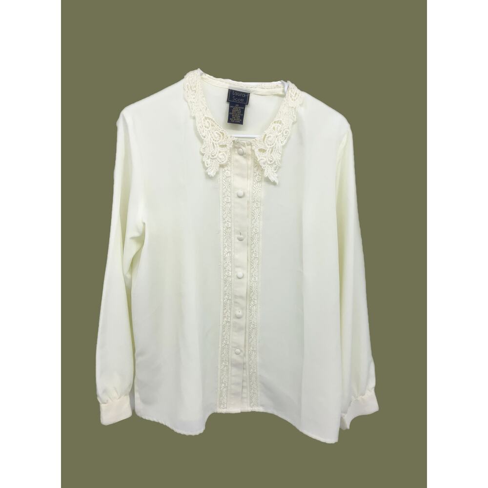 Laura Scott White Long Sleeve Blouse Laced Neckline Granny Button Size 10